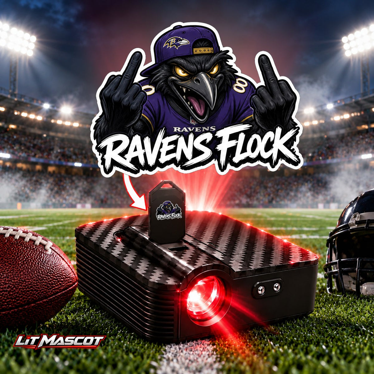 Ravens Flock mascot projector light - Double Birds glowing over the Lit Mascot door projector