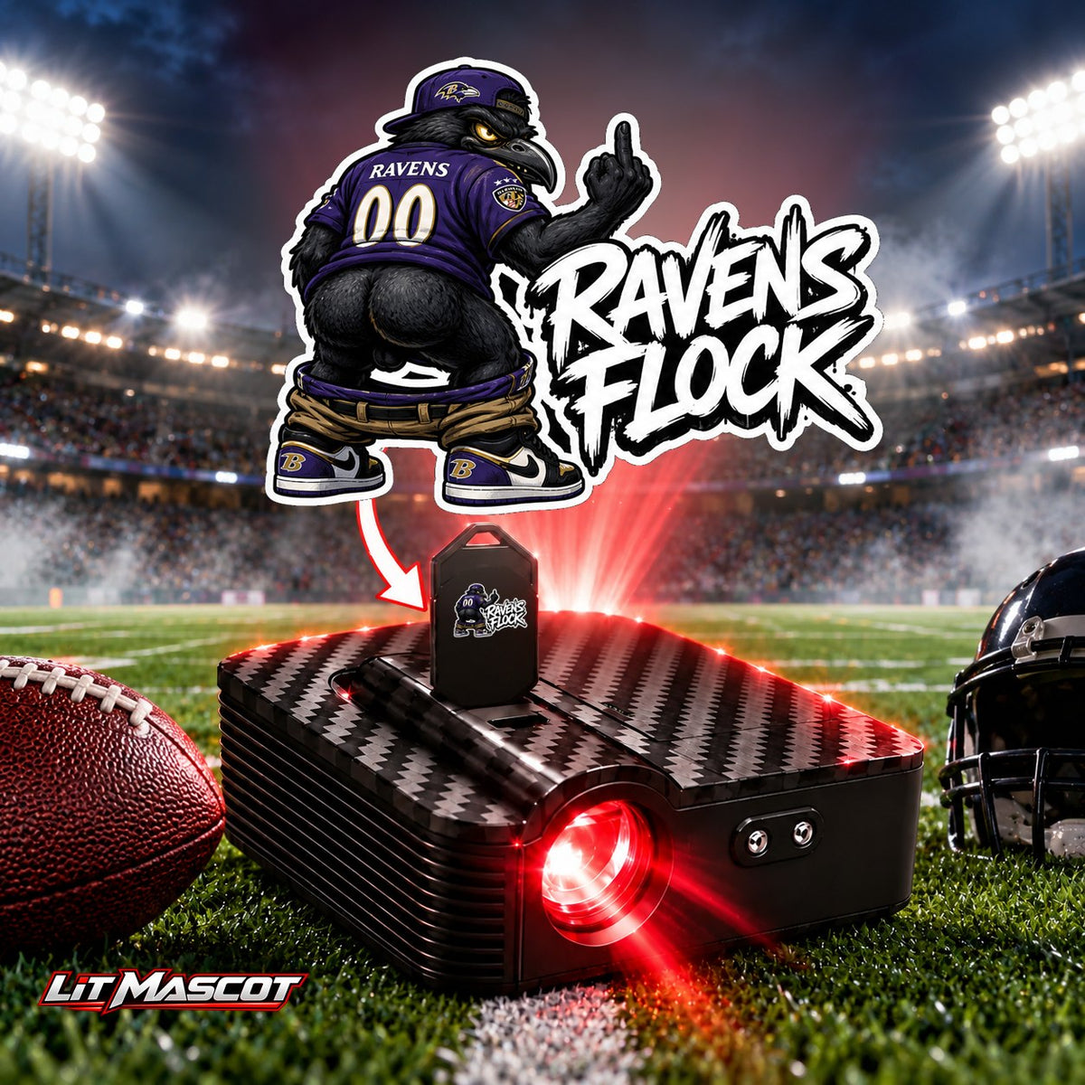 Ravens Flock mascot projector light - Full Moon glowing over the Lit Mascot door projector