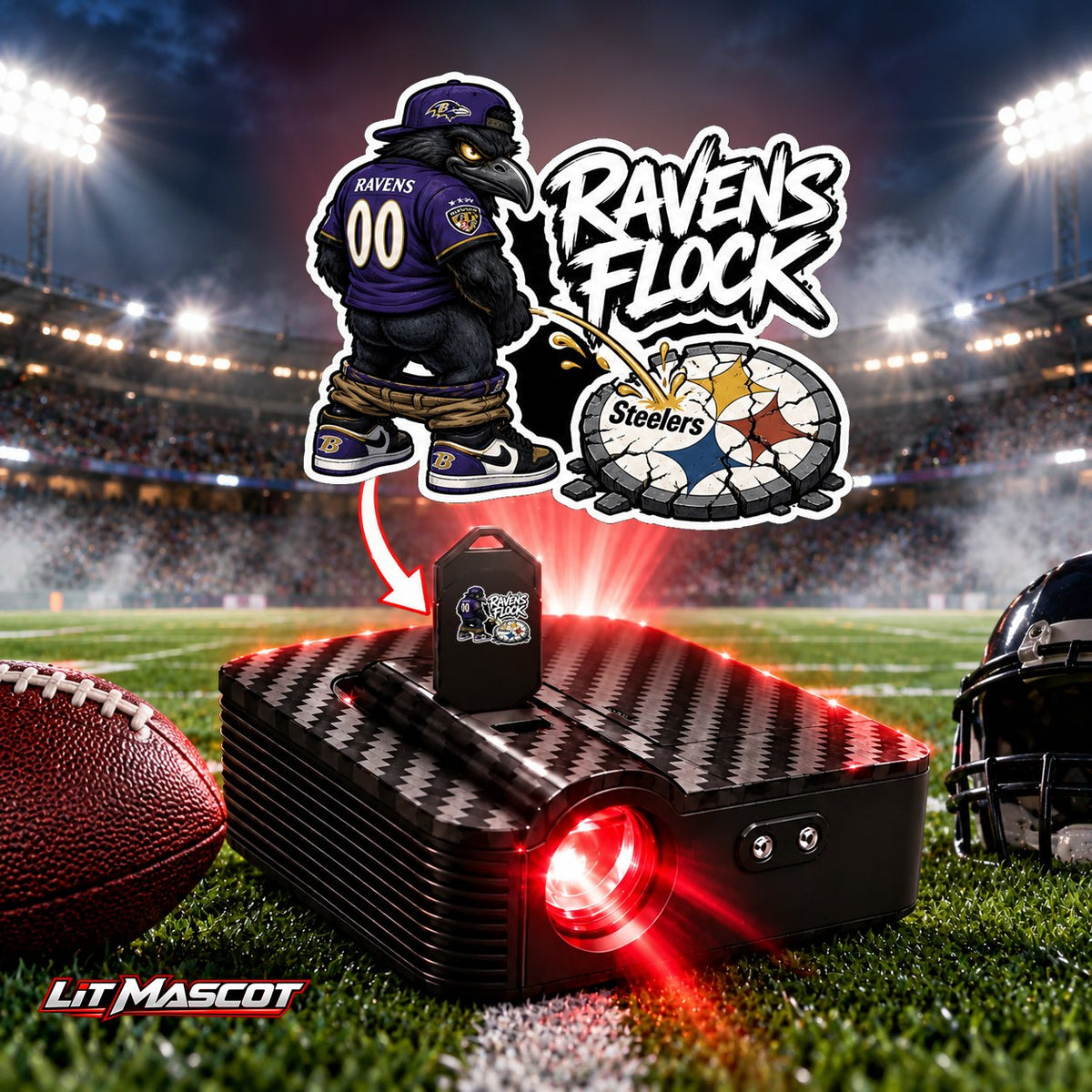 Ravens Flock mascot projector light - Star Shower glowing over the Lit Mascot door projector