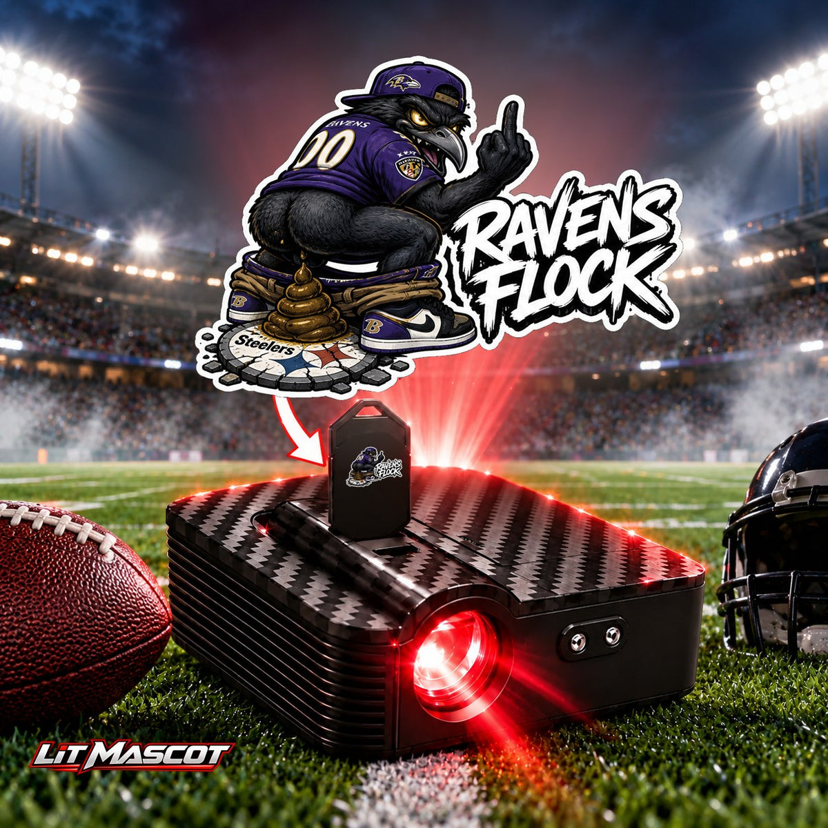 Ravens Flock mascot projector light - Bombs Away glowing over the Lit Mascot door projector