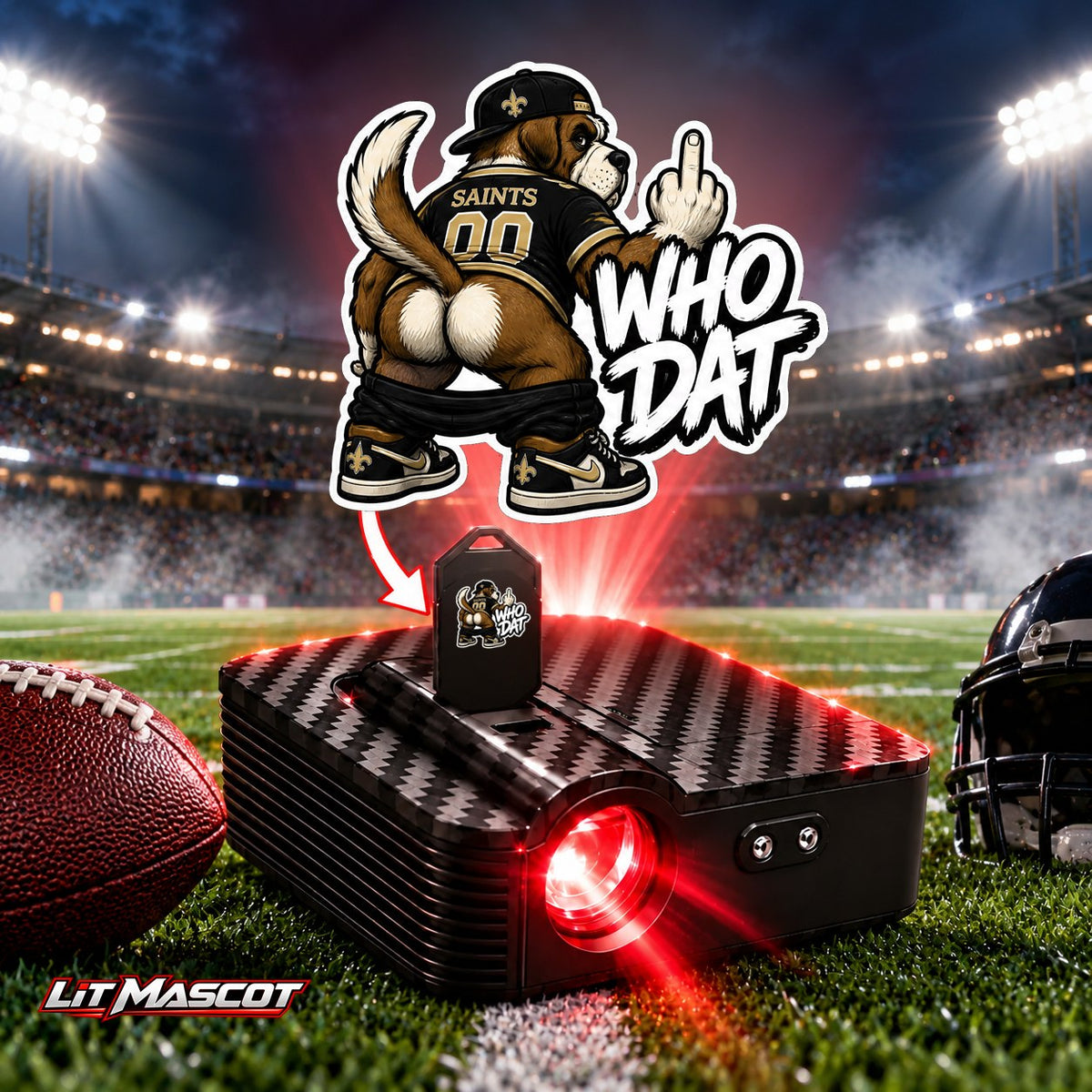 Who Dat mascot projector light - Full Moon glowing over the Lit Mascot door projector