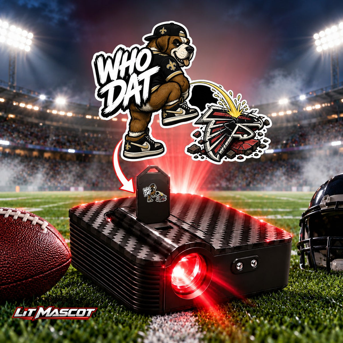 Who Dat mascot projector light - Star Shower glowing over the Lit Mascot door projector