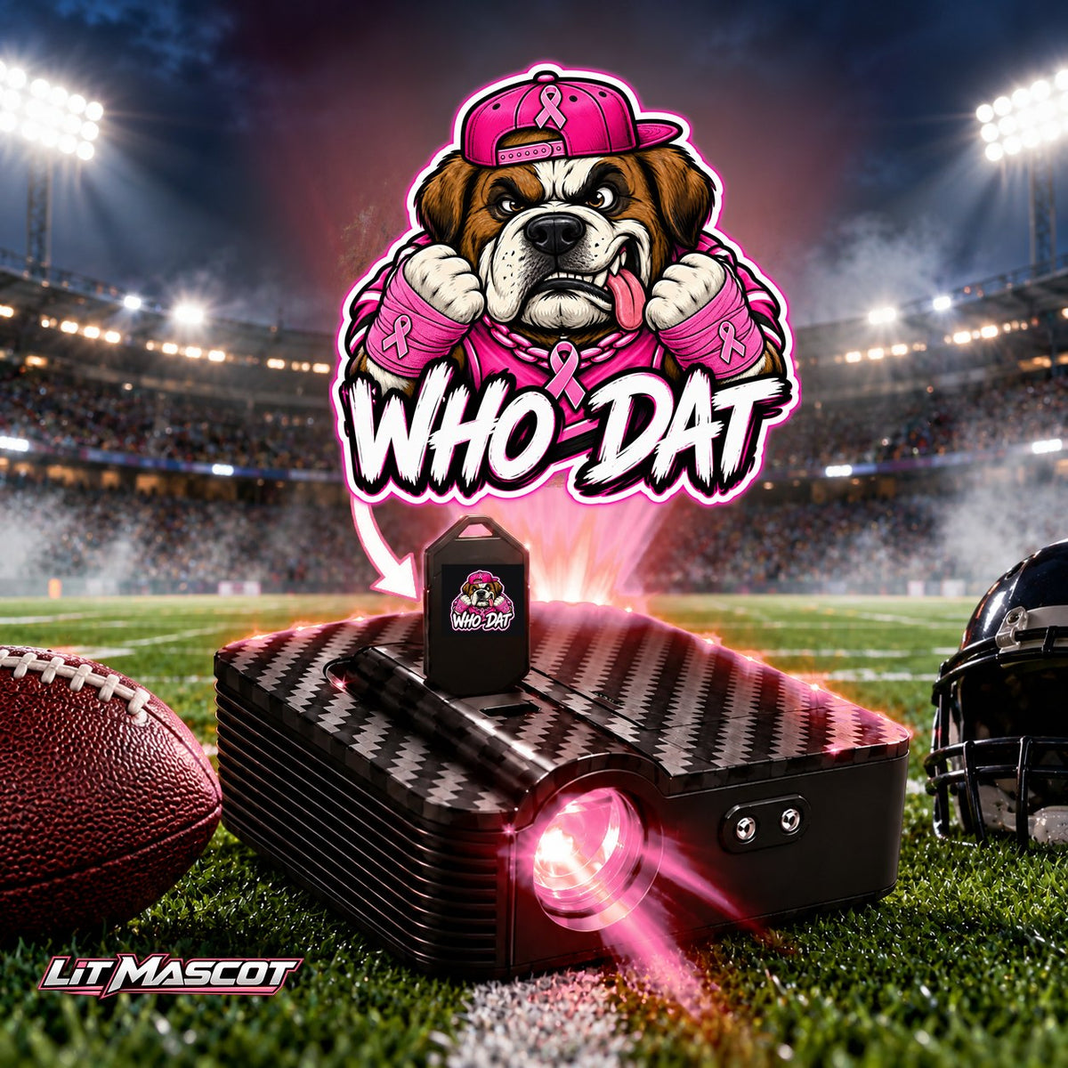 Who Dat mascot projector light - Pink Fighter glowing over the Lit Mascot door projector