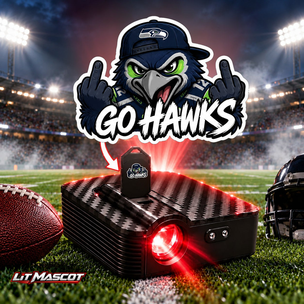 Go Hawks mascot projector light - Double Birds glowing over the Lit Mascot door projector