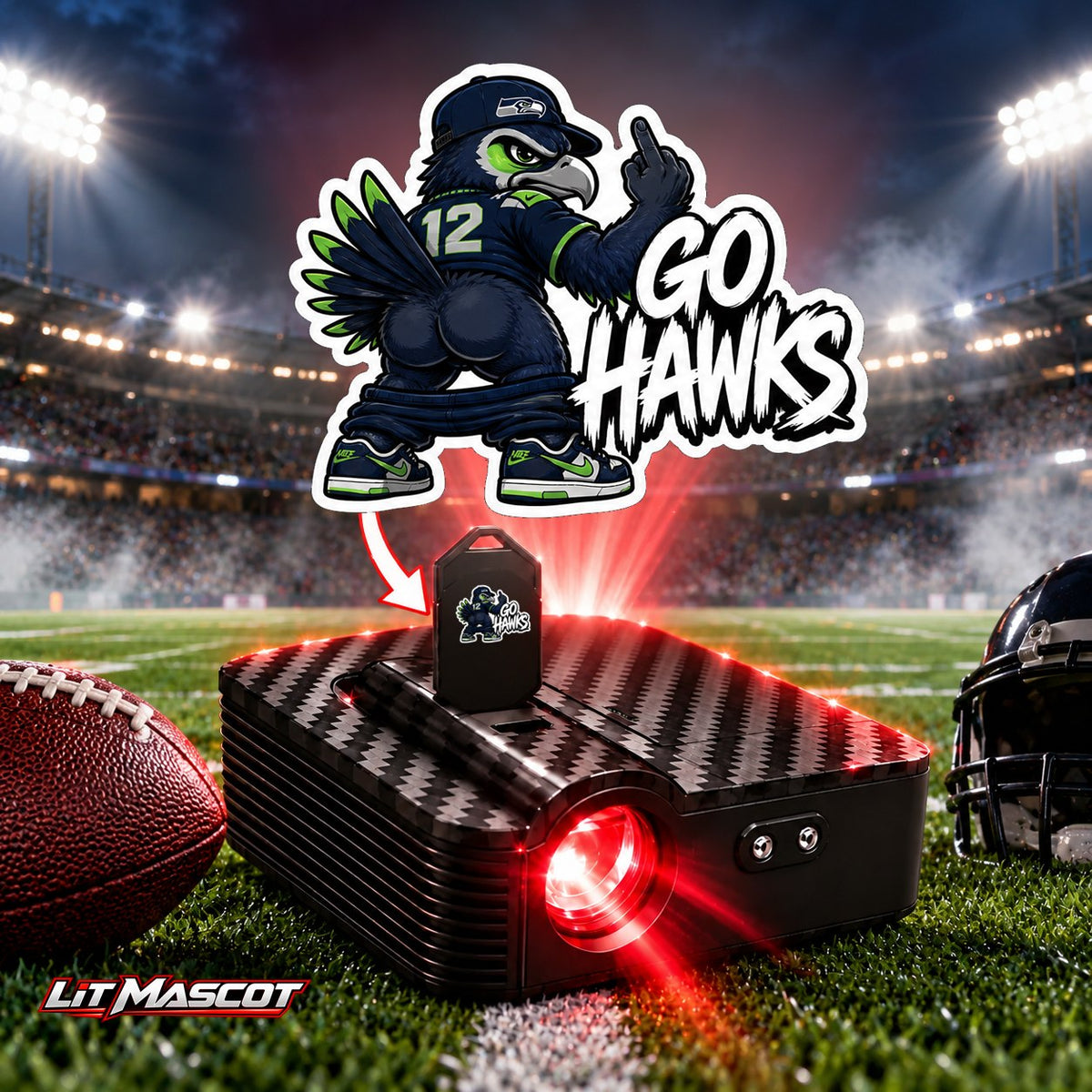 Go Hawks mascot projector light - Full Moon glowing over the Lit Mascot door projector