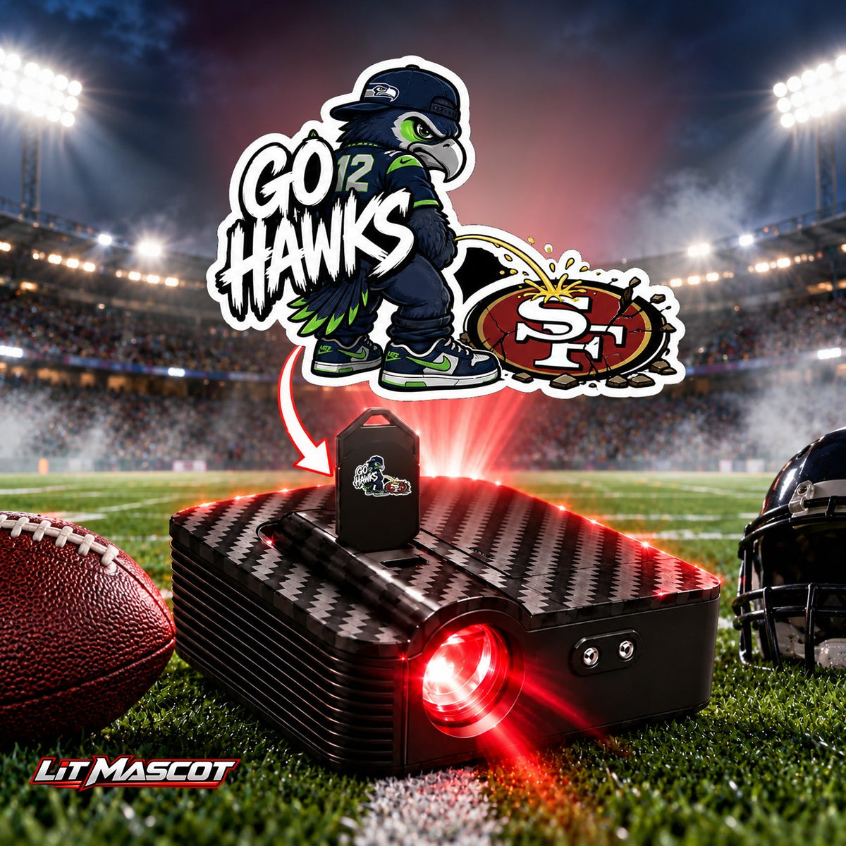 Go Hawks mascot projector light - Star Shower glowing over the Lit Mascot door projector