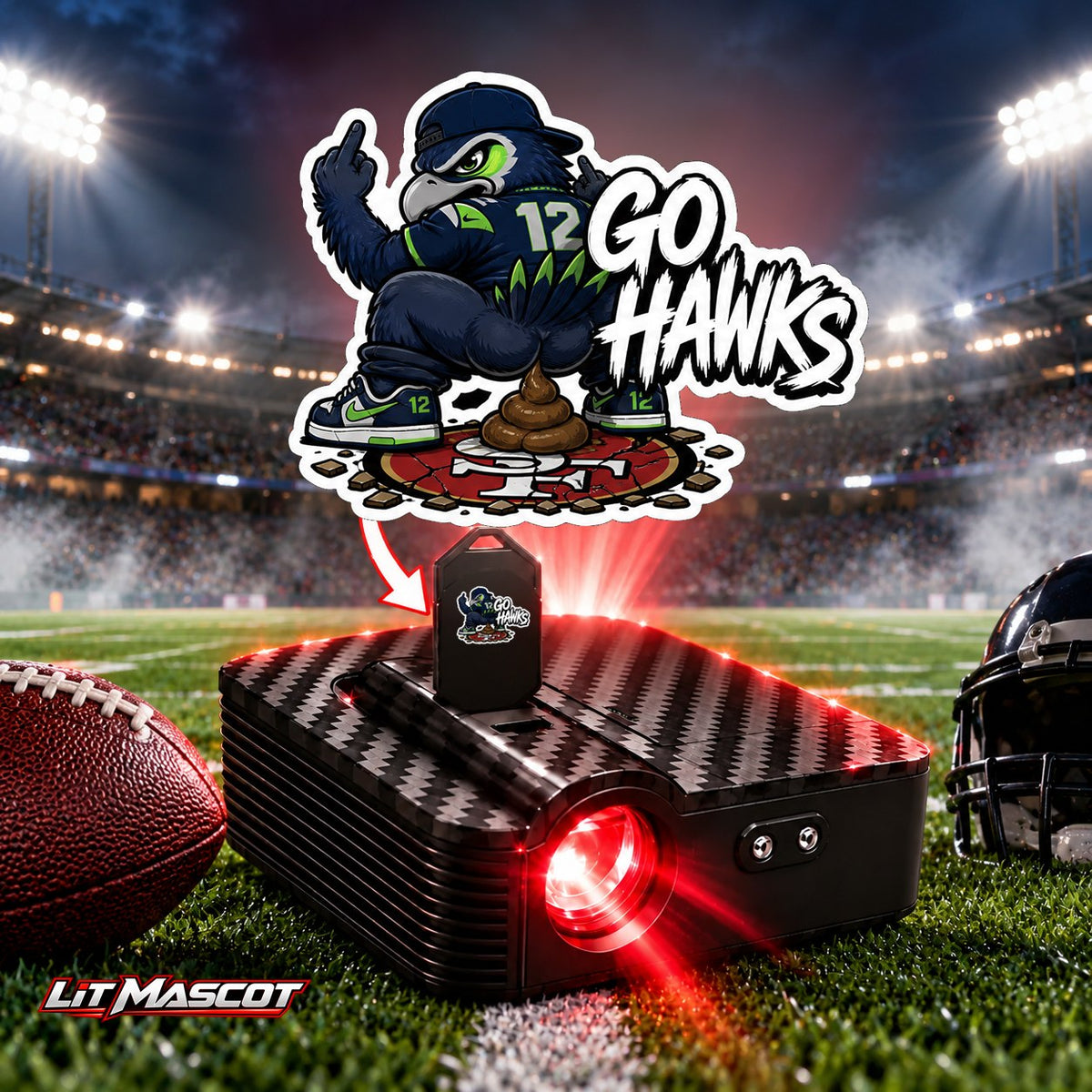 Go Hawks mascot projector light - Bombs Away glowing over the Lit Mascot door projector