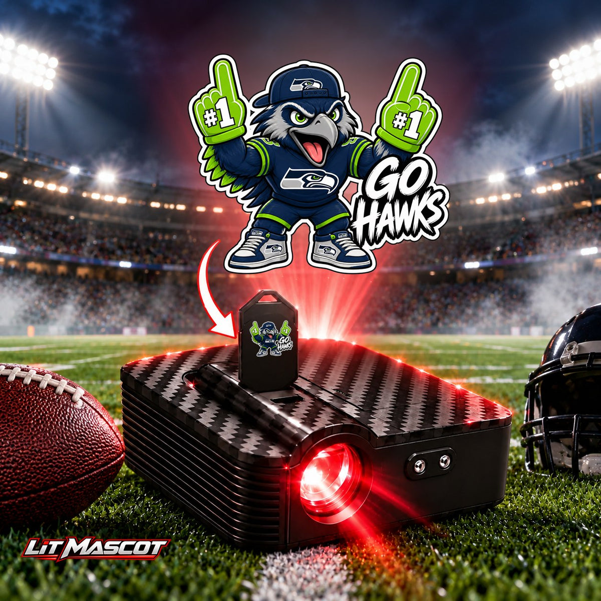 Go Hawks mascot projector light - PG #1 glowing over the Lit Mascot door projector