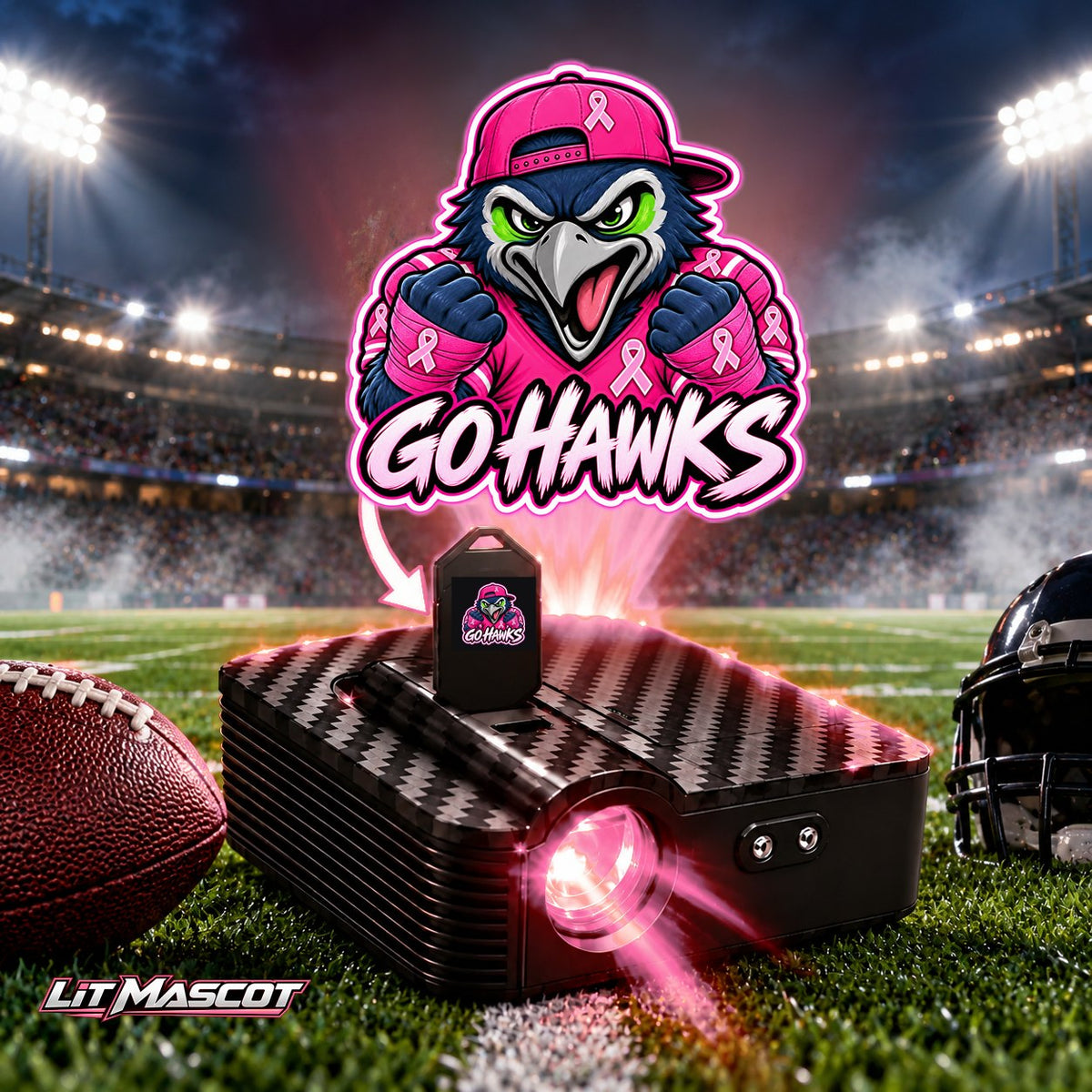 Go Hawks mascot projector light - Pink Fighter glowing over the Lit Mascot door projector