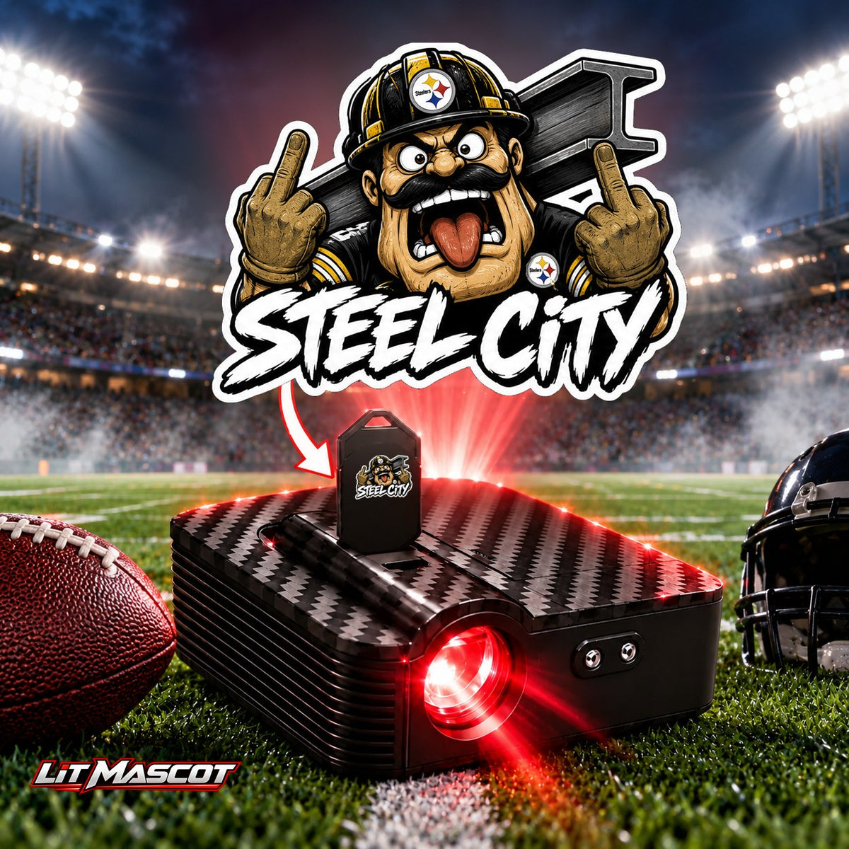 Steel City mascot projector light - Double Birds glowing over the Lit Mascot door projector