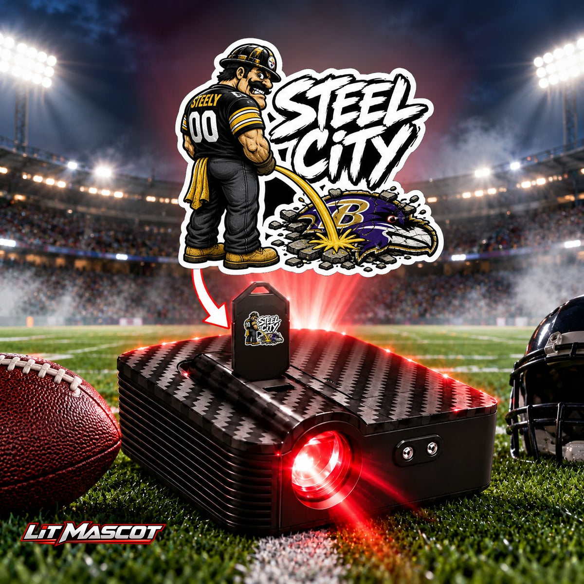 Steel City mascot projector light - Star Shower glowing over the Lit Mascot door projector