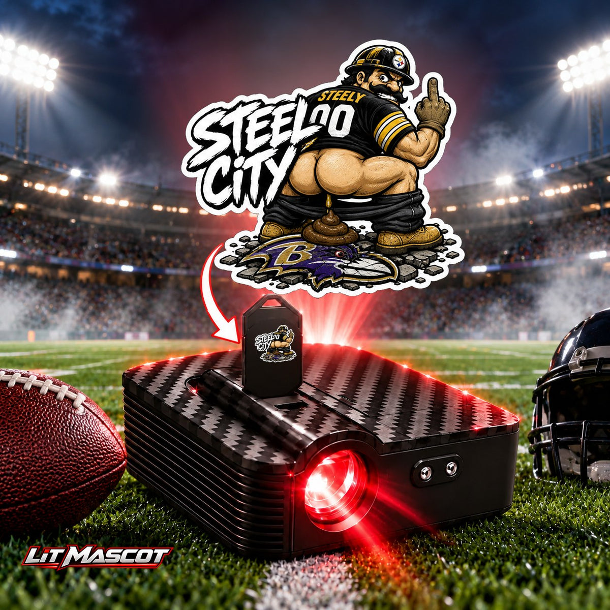 Steel City mascot projector light - Bombs Away glowing over the Lit Mascot door projector