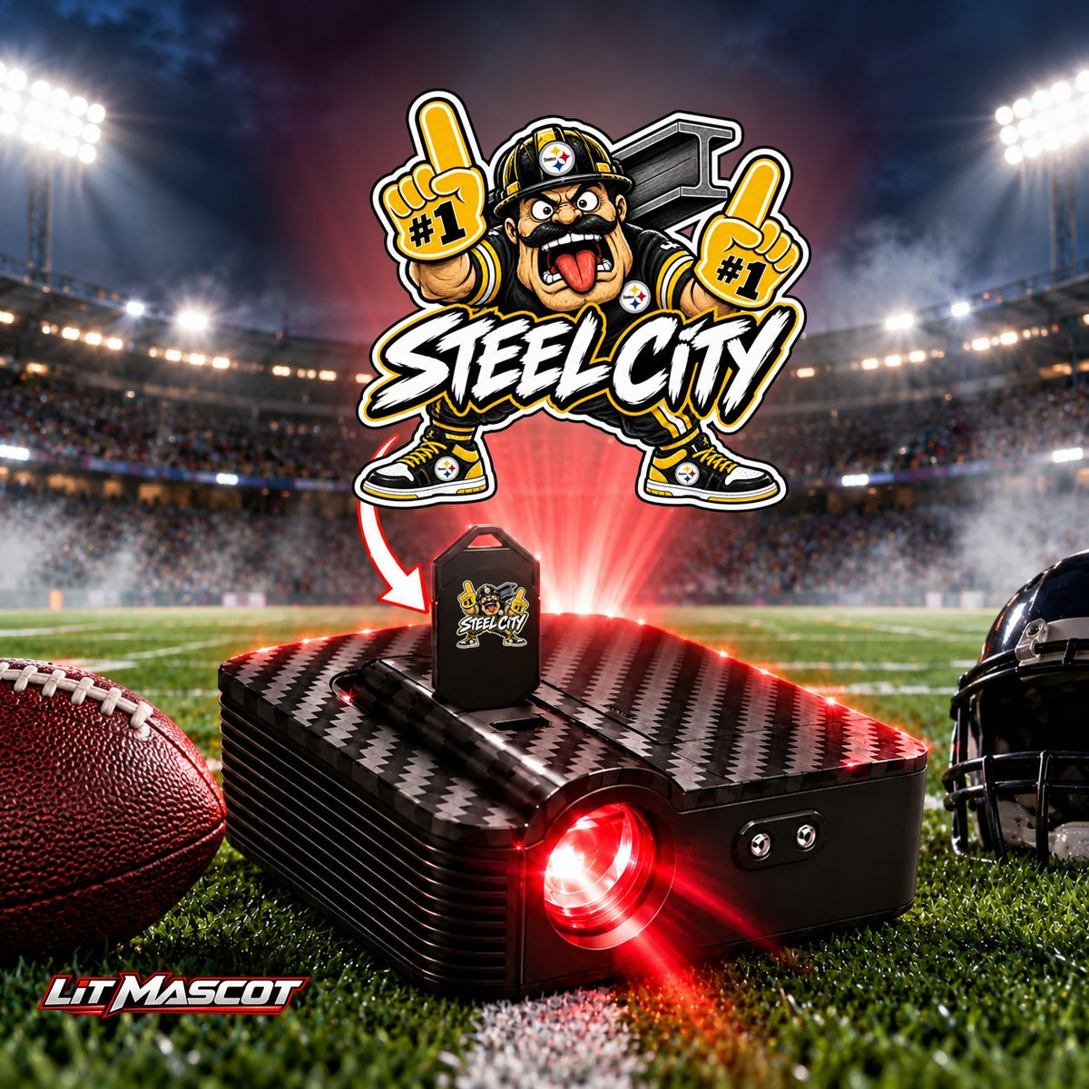 Steel City mascot projector light - PG #1 glowing over the Lit Mascot door projector