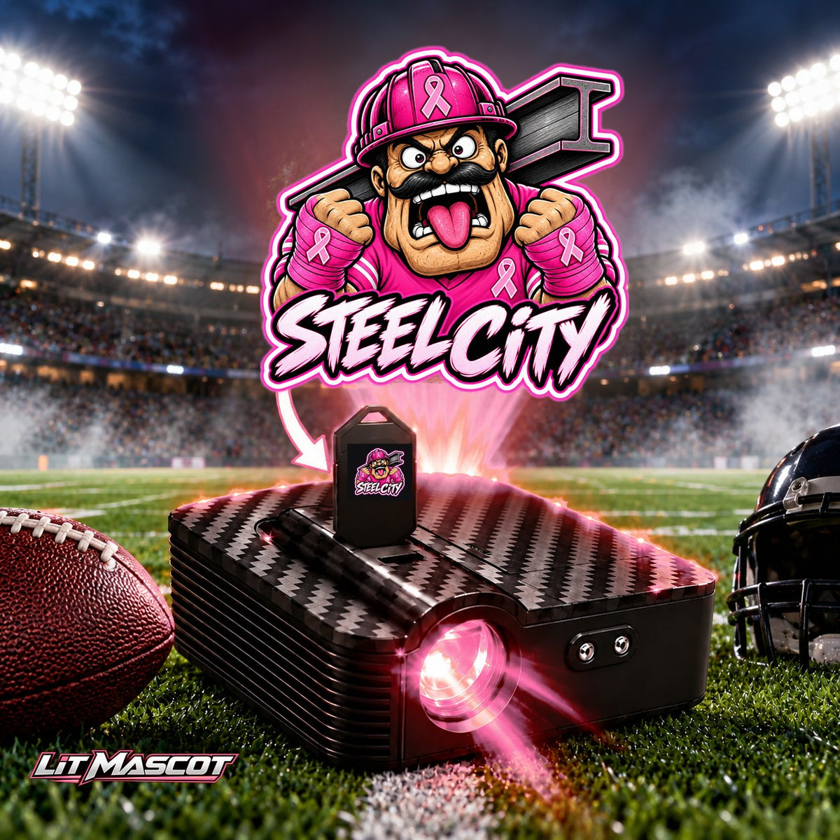 Steel City mascot projector light - Pink Fighter glowing over the Lit Mascot door projector