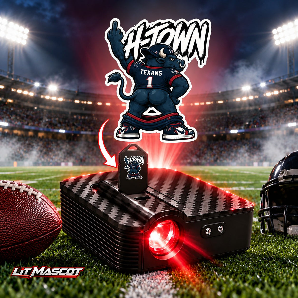 H-Town mascot projector light - Full Moon glowing over the Lit Mascot door projector