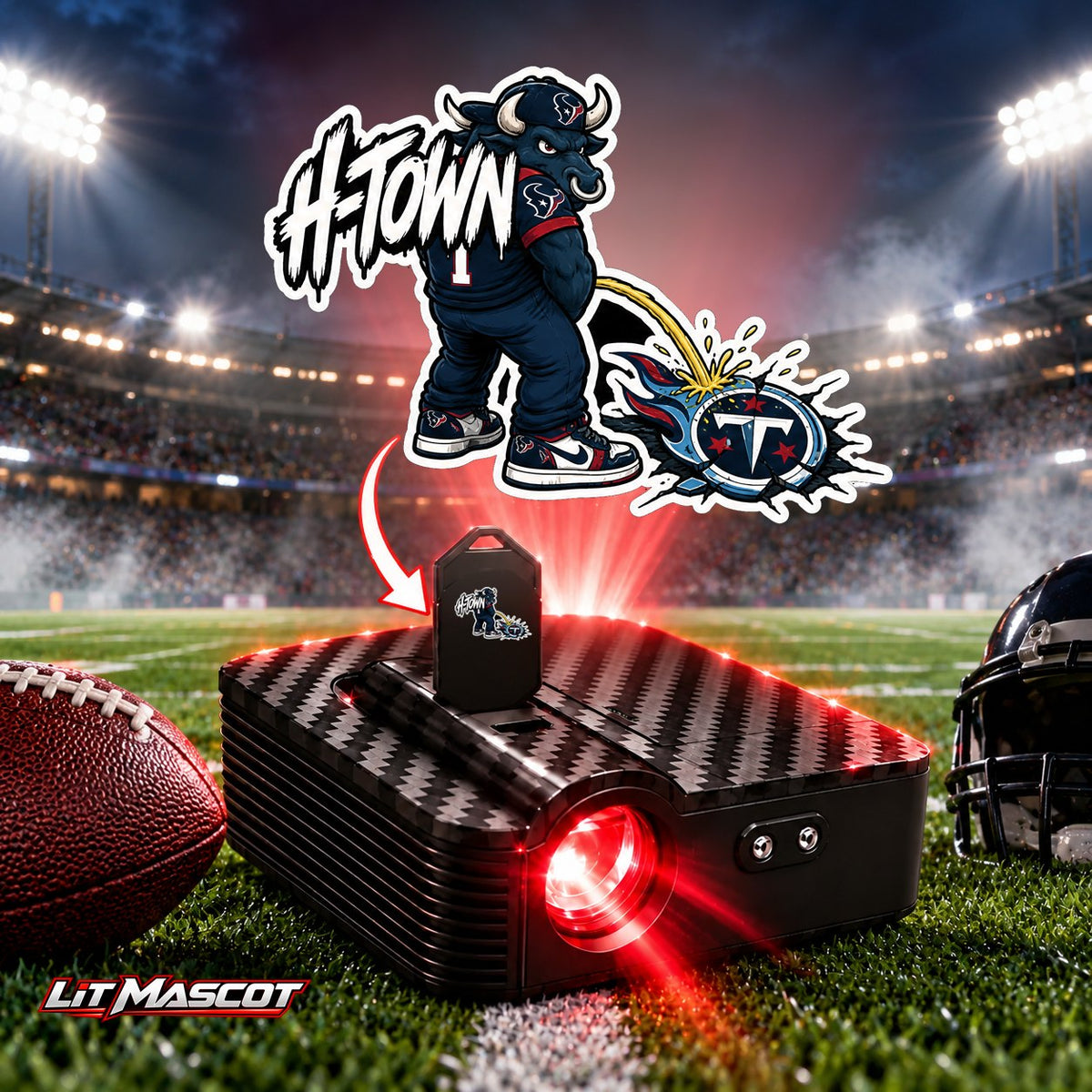 H-Town mascot projector light - Star Shower glowing over the Lit Mascot door projector