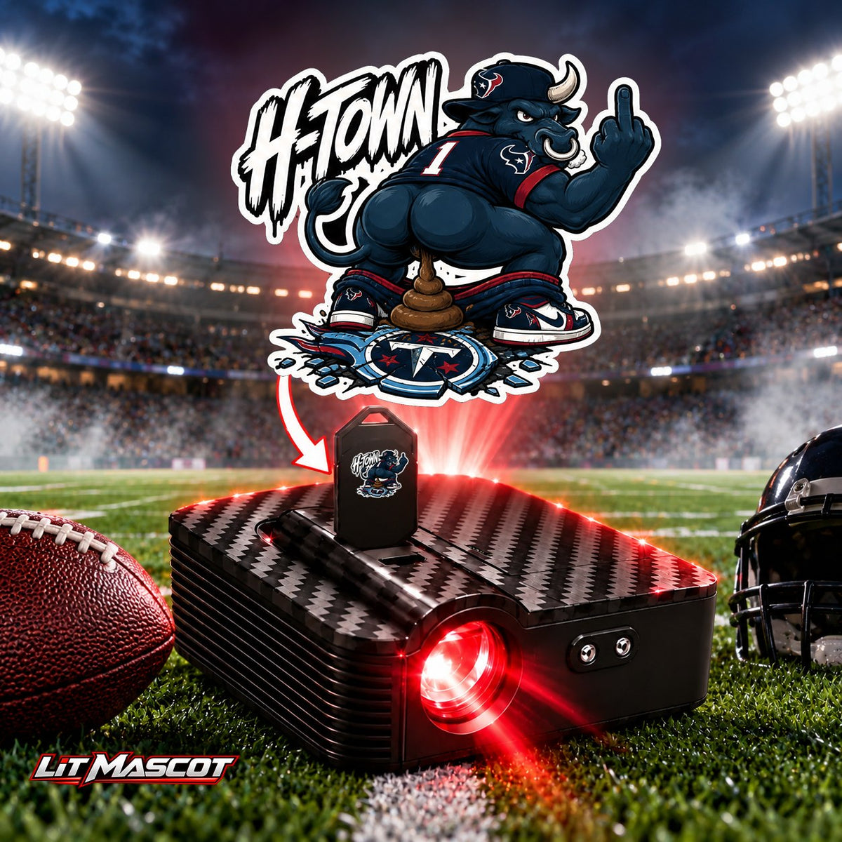 H-Town mascot projector light - Bombs Away glowing over the Lit Mascot door projector
