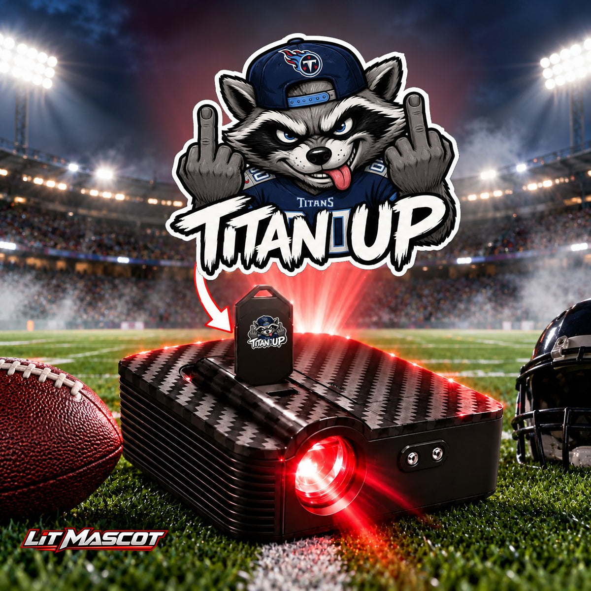 Titan Up mascot projector light - Double Birds glowing over the Lit Mascot door projector