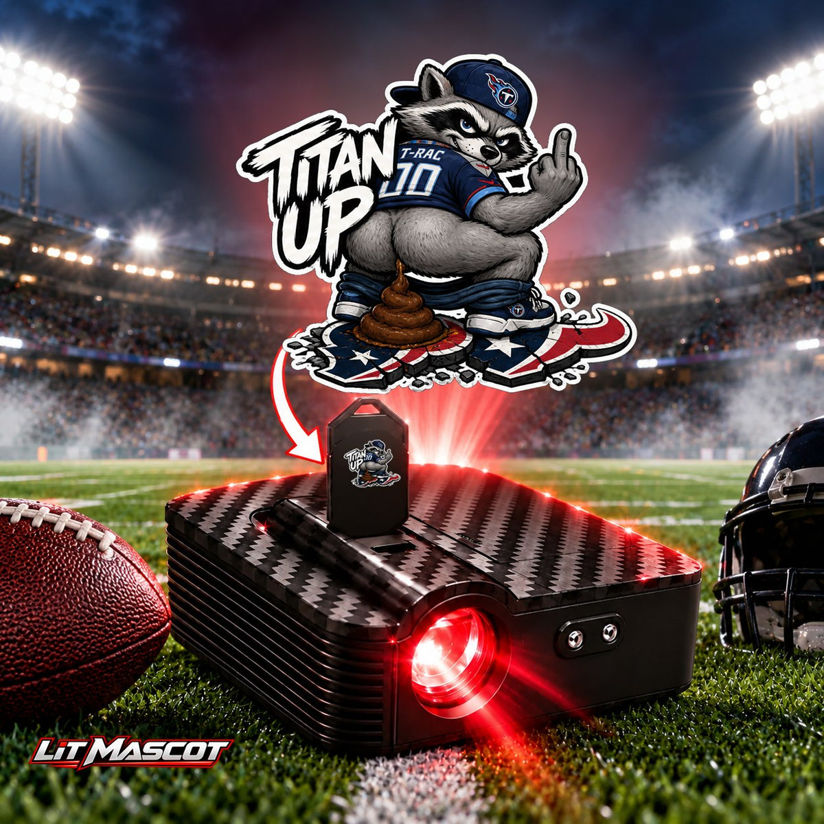 Titan Up mascot projector light - Bombs Away glowing over the Lit Mascot door projector