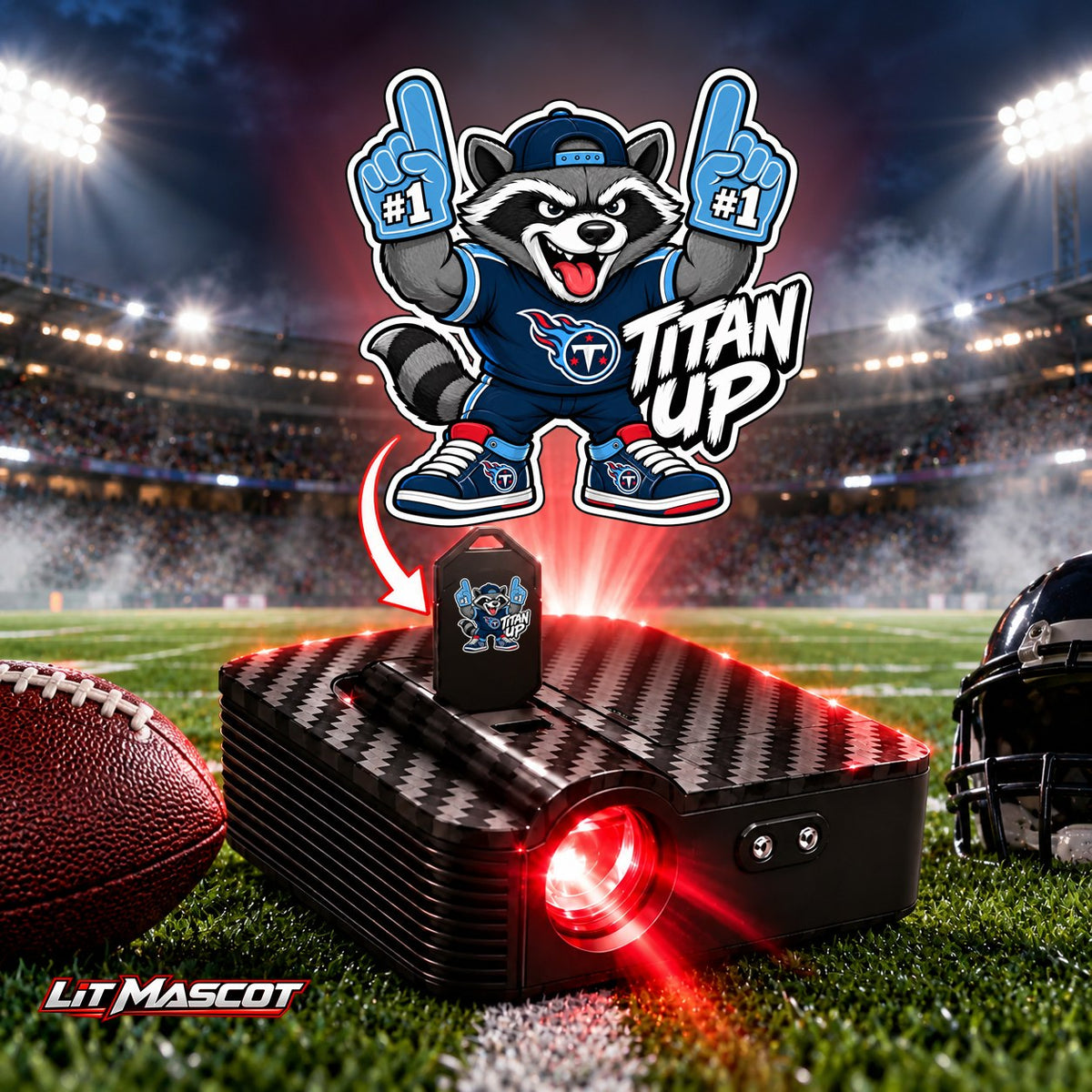 Titan Up mascot projector light - PG #1 glowing over the Lit Mascot door projector