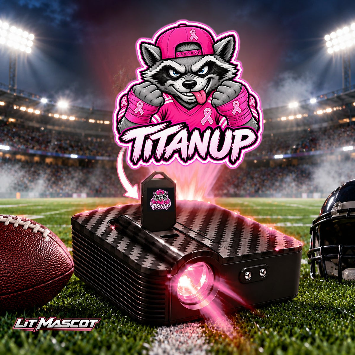 Titan Up mascot projector light - Pink Fighter glowing over the Lit Mascot door projector
