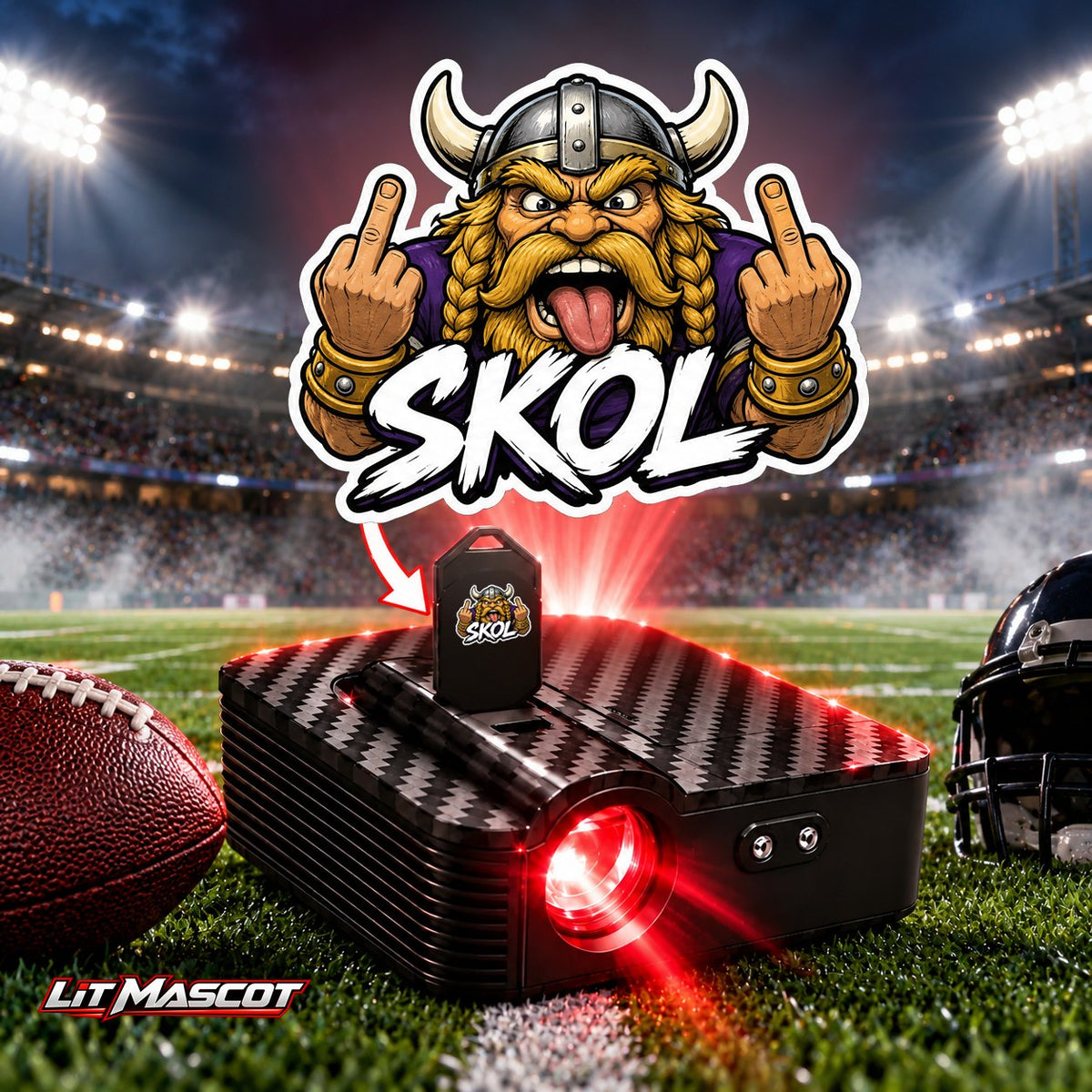 Skol mascot projector light - Double Birds glowing over the Lit Mascot door projector