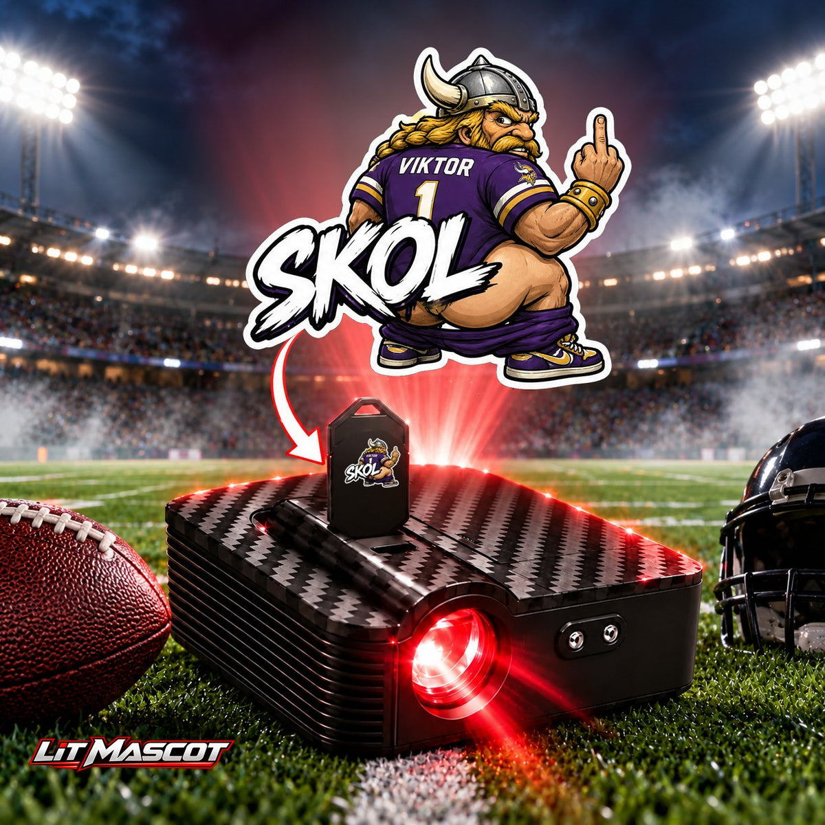 Skol mascot projector light - Full Moon glowing over the Lit Mascot door projector