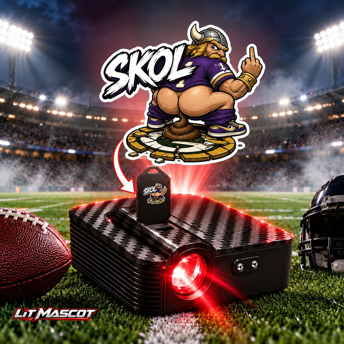 Skol mascot projector light - Bombs Away glowing over the Lit Mascot door projector