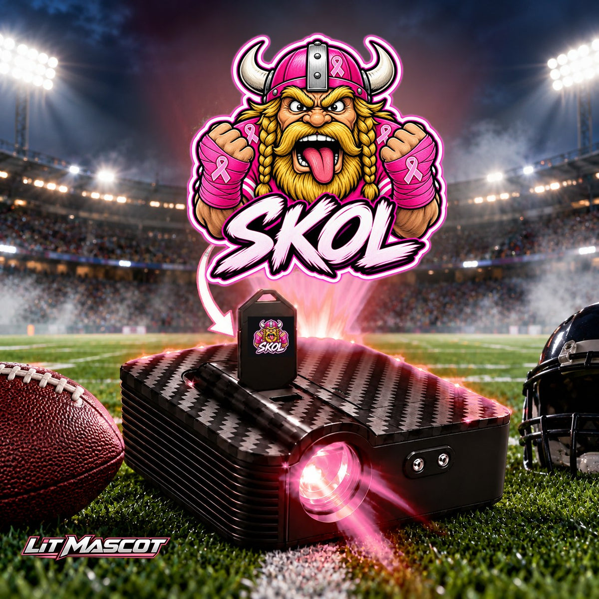 Skol mascot projector light - Pink Fighter glowing over the Lit Mascot door projector